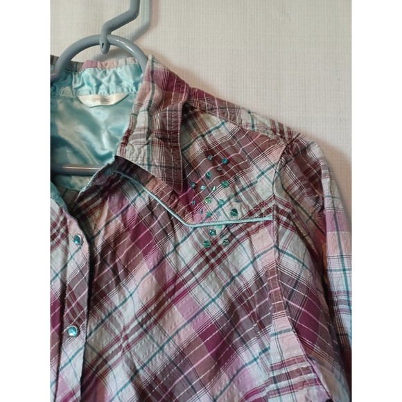 Twenty X Women's  L/S Pearl Snap Pink/Purple Plaid Blouse.  Blue piping. L. - Picture 2 of 9
